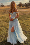 Blue Tulle Off Shoulder Long Prom Dresses With Lace Appliques HZ0509