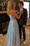 Blue Tulle Off Shoulder Long Prom Dresses With Lace Appliques HZ0509