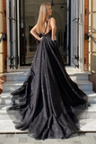 Back V Neck Black Tulle Long Prom Dresses, Shiny Black Formal Dresses HZ0509
