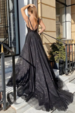 Back V Neck Black Tulle Long Prom Dresses, Shiny Black Formal Dresses HZ0509