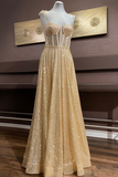 A Line Spaghetti Straps Gold Prom Dresses Long, Sweetheart Neck Golden Formal Dress HZ0509