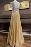 A Line Spaghetti Straps Gold Prom Dresses Long, Sweetheart Neck Golden Formal Dress HZ0509