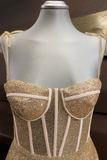 A Line Spaghetti Straps Gold Prom Dresses Long, Sweetheart Neck Golden Formal Dress HZ0509