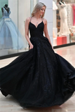 Line V Neck Backless Black Lace Prom Dress Long, Black Lace Formal Dress HZ0509