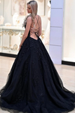 Line V Neck Backless Black Lace Prom Dress Long, Black Lace Formal Dress HZ0509