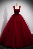 Line Spaghetti Straps Beaded Burgundy Tulle Long Prom Dresses HZ0509