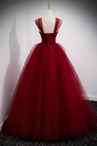 Line Spaghetti Straps Beaded Burgundy Tulle Long Prom Dresses HZ0509