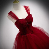 Line Spaghetti Straps Beaded Burgundy Tulle Long Prom Dresses HZ0509