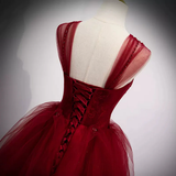 Line Spaghetti Straps Beaded Burgundy Tulle Long Prom Dresses HZ0509
