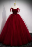 Line Spaghetti Straps Beaded Burgundy Tulle Long Prom Dresses HZ0509