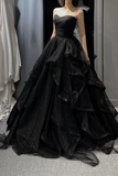 Tulle Layers Long A Line Prom Dress, Black Strapless Evening Dress HZ0509