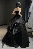 Tulle Layers Long A Line Prom Dress, Black Strapless Evening Dress HZ0509