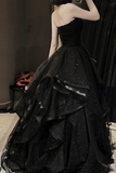 Tulle Layers Long A Line Prom Dress, Black Strapless Evening Dress HZ0509