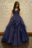 V Neck Navy Blue Tulle Long Prom Dresses, Navy Blue Formal Evening Dresses Long, Ball Gown HZ0509