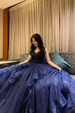 V Neck Navy Blue Tulle Long Prom Dresses, Navy Blue Formal Evening Dresses Long, Ball Gown HZ0509