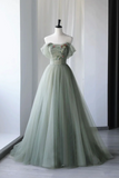 Green Tulle Long Prom Dress, Lovely Off Shoulder A Line Evening Dress HZ0509