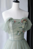 Green Tulle Long Prom Dress, Lovely Off Shoulder A Line Evening Dress HZ0509
