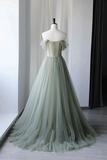 Green Tulle Long Prom Dress, Lovely Off Shoulder A Line Evening Dress HZ0509