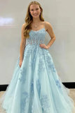 Line Spaghetti Straps Corset Back Long Prom Dress With Appliques HZ0509