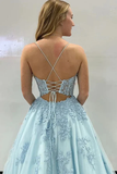 Line Spaghetti Straps Corset Back Long Prom Dress With Appliques HZ0509
