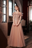 Tulle Long A Line Prom Dress with Sequins, Off the Shoulder Evening Party Dress HZ0509