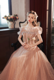 Tulle Long A Line Prom Dress with Sequins, Off the Shoulder Evening Party Dress HZ0509