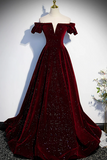 Velvet Long Prom Dress, A Line Off the Shoulder Evening Dress HZ0509