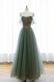Green Tulle Beaded Long Prom Dress, Beautiful A Line Evening Dress HZ0509