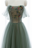 Green Tulle Beaded Long Prom Dress, Beautiful A Line Evening Dress HZ0509
