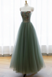 Green Tulle Beaded Long Prom Dress, Beautiful A Line Evening Dress HZ0509
