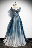 Tulle Beading Long A Line Prom Dress, Scoop Neckline Evening Dress HZ0509