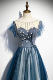 Tulle Beading Long A Line Prom Dress, Scoop Neckline Evening Dress HZ0509