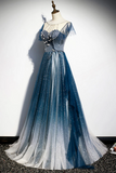 Tulle Beading Long A Line Prom Dress, Scoop Neckline Evening Dress HZ0509