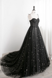 Tulle Long Prom Dress with Stars, Cute Spaghetti Straps Graduation Dress HZ0509