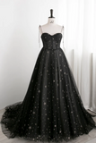 Tulle Long Prom Dress with Stars, Cute Spaghetti Straps Graduation Dress HZ0509