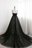 Tulle Long Prom Dress with Stars, Cute Spaghetti Straps Graduation Dress HZ0509