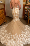 Neck Champagne Mermaid Wedding Dresses Sexy Open Back Lace Floral Applique Tulle Bridal Dress HZ0509