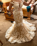 Neck Champagne Mermaid Wedding Dresses Sexy Open Back Lace Floral Applique Tulle Bridal Dress HZ0509