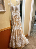 Neck Champagne Mermaid Wedding Dresses Sexy Open Back Lace Floral Applique Tulle Bridal Dress HZ0509
