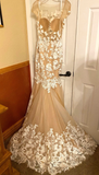 Neck Champagne Mermaid Wedding Dresses Sexy Open Back Lace Floral Applique Tulle Bridal Dress HZ0509