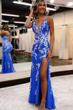 Column Tulle Applique V Neck Sleeveless Sweep Brush Train Dresses HZ0509