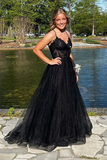 Neck Beaded Black Lace Long Prom Dress, Black Tulle Formal Dress HZ0509