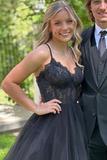 Neck Beaded Black Lace Long Prom Dress, Black Tulle Formal Dress HZ0509