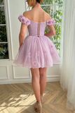 the Shoulder Lilac Floral Prom Dress, Off Shoulder Lilac Homecoming Dress HZ0509