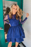 Neck Long Sleeves Blue Lace Prom Dress, Long Sleeves Blue Homecoming Dress HZ0509