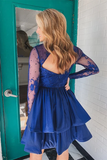 Neck Long Sleeves Blue Lace Prom Dress, Long Sleeves Blue Homecoming Dress HZ0509
