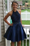 Blue Beaded Satin Short Homecoming Dress For Teens HZ0509