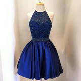 Blue Beaded Satin Short Homecoming Dress For Teens HZ0509