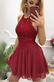 Line Burgundy Chiffon Halter Appliques Short Homecoming Dress HZ0509