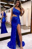 Mermaid One Shoulder Royal Blue Sequins Prom Dresses with Appliques HZ0509